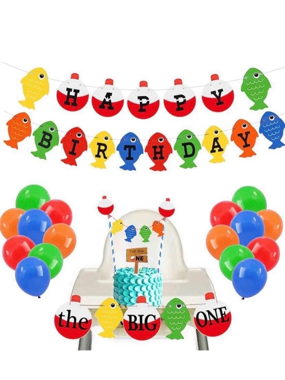 First Birthday Fishing Party Banner and Balloon Kit - Multicolor